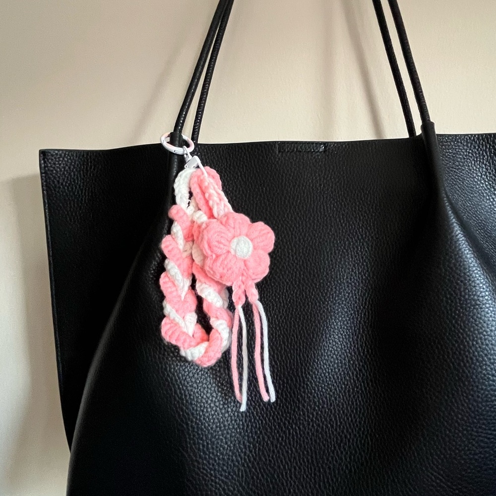 Handmade Pink & White Crochet Flower Keychain Bag charm